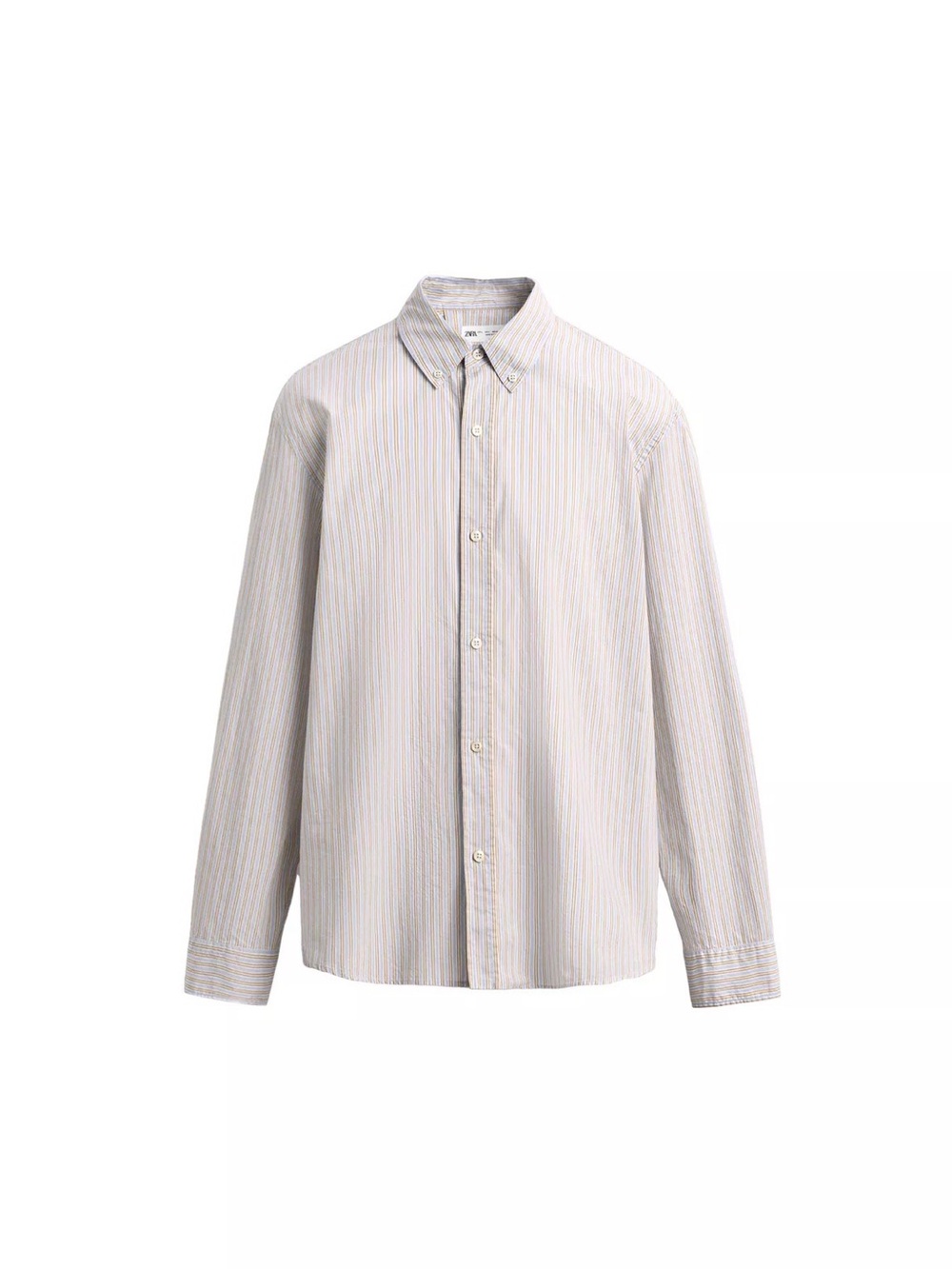 Zara Men’s Long-Sleeve Button-Down Shirt - Beige, blue, orange Pinstripe